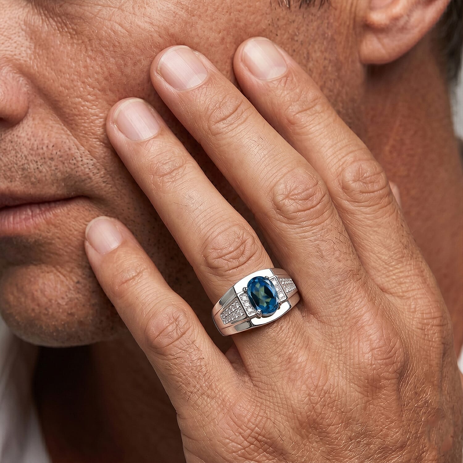 EverTrue London Blue Topaz and White Zircon 1.20 ctw Men's Ring in Platinum Bond (Size 9.0)