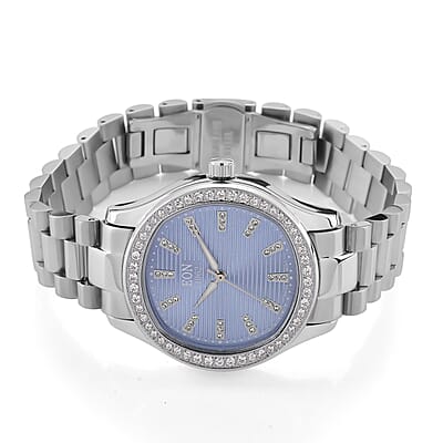 EON 1962 Moissanite Ronda 763 with Swiss Movement Blue Dial Watch with Stainless Steel Strap, IP Silver Plated