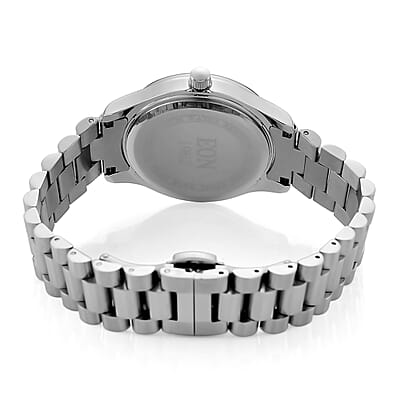 EON 1962 Moissanite Ronda 763 with Swiss Movement Blue Dial Watch with Stainless Steel Strap, IP Silver Plated