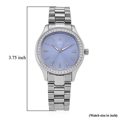 EON 1962 Moissanite Ronda 763 with Swiss Movement Blue Dial Watch with Stainless Steel Strap, IP Silver Plated