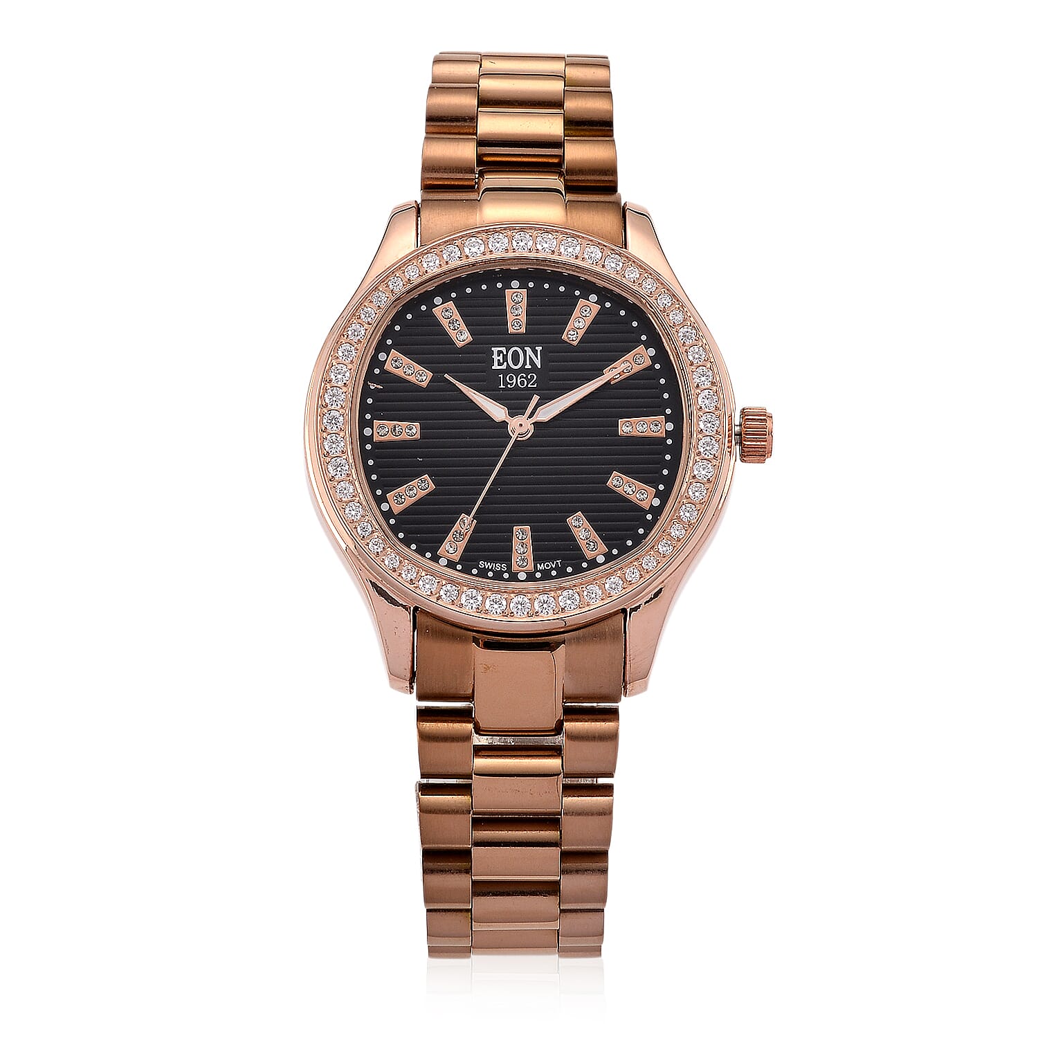 EON 1962 Moissanite Ronda 763 with Swiss Movement Black Dial Watch with Stainless Steel Strap, IP Rose Gold Plated