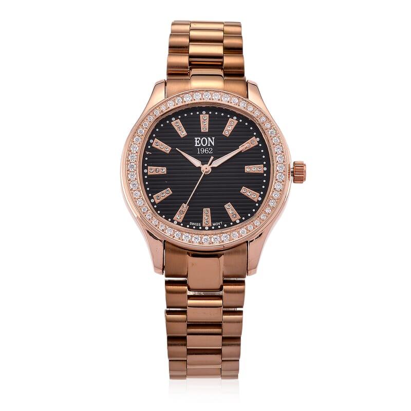 EON 1962 Moissanite Ronda 763 with Swiss Movement Black Dial Watch with Stainless Steel Strap, IP Rose Gold Plated