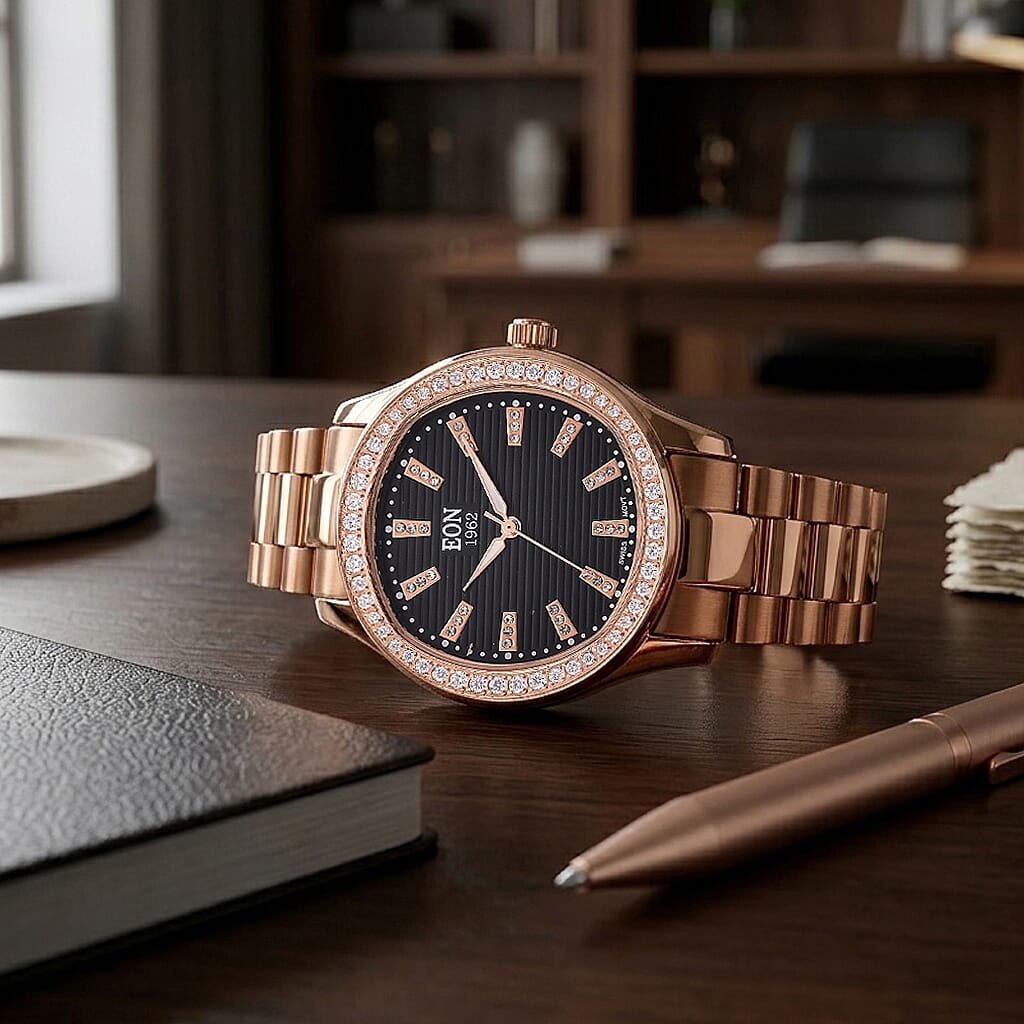 EON 1962 Moissanite Ronda 763 with Swiss Movement Black Dial Watch with Stainless Steel Strap, IP Rose Gold Plated