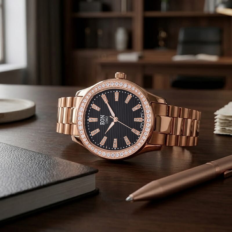 EON 1962 Moissanite Ronda 763 with Swiss Movement Black Dial Watch with Stainless Steel Strap, IP Rose Gold Plated