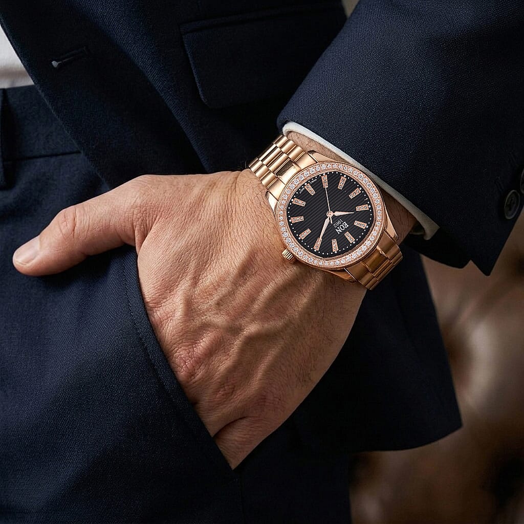 EON 1962 Moissanite Ronda 763 with Swiss Movement Black Dial Watch with Stainless Steel Strap, IP Rose Gold Plated