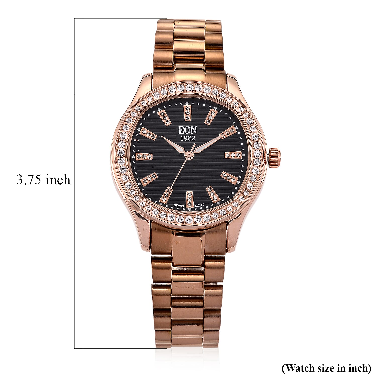 EON 1962 Moissanite Ronda 763 with Swiss Movement Black Dial Watch with Stainless Steel Strap, IP Rose Gold Plated