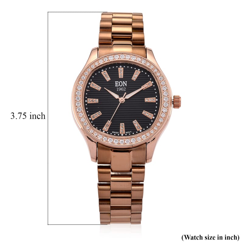 EON 1962 Moissanite Ronda 763 with Swiss Movement Black Dial Watch with Stainless Steel Strap, IP Rose Gold Plated