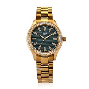 EON 1962 Moissanite Ronda 763 with Date Swiss Movement Green Dail Watch with ION Plated YG Stainless Steel Strap