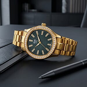 EON 1962 Moissanite Ronda 763 with Date Swiss Movement Green Dail Watch with ION Plated YG Stainless Steel Strap