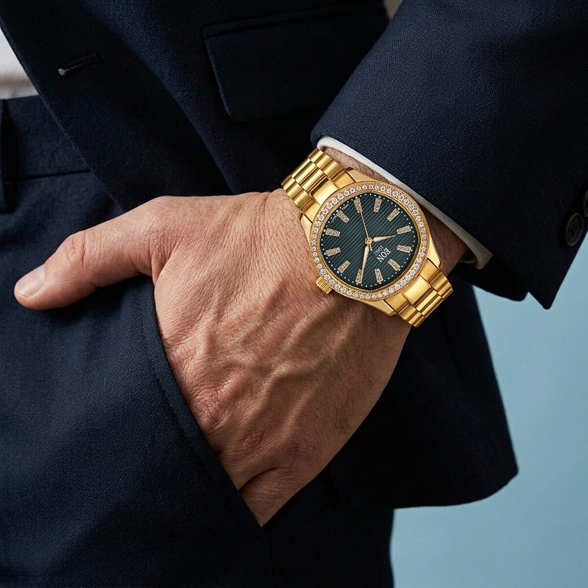 EON 1962 Moissanite Ronda 763 with Date Swiss Movement Green Dail Watch with ION Plated YG Stainless Steel Strap image number 2