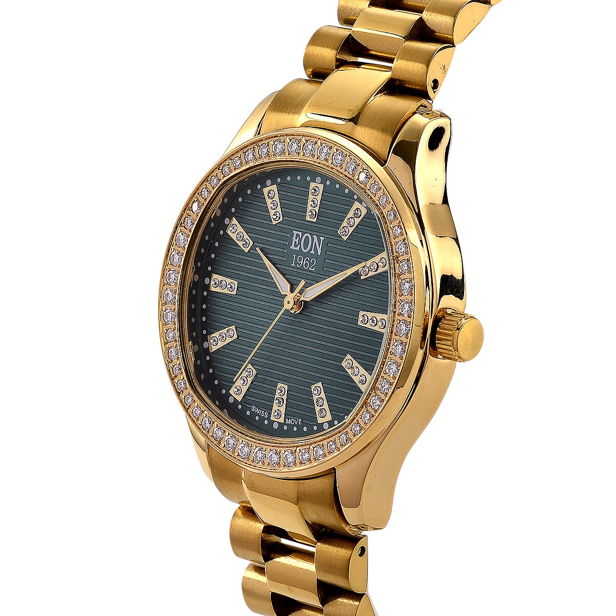 EON 1962 Moissanite Ronda 763 with Date Swiss Movement Green Dail Watch with ION Plated YG Stainless Steel Strap image number 3