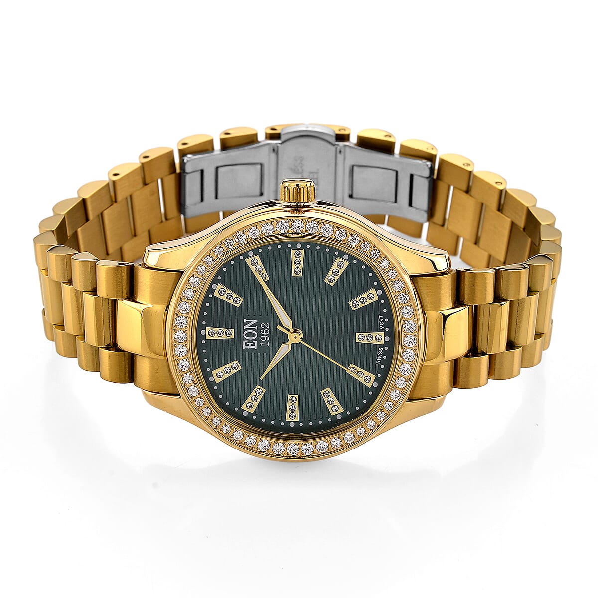 EON 1962 Moissanite Ronda 763 with Date Swiss Movement Green Dail Watch with ION Plated YG Stainless Steel Strap image number 4