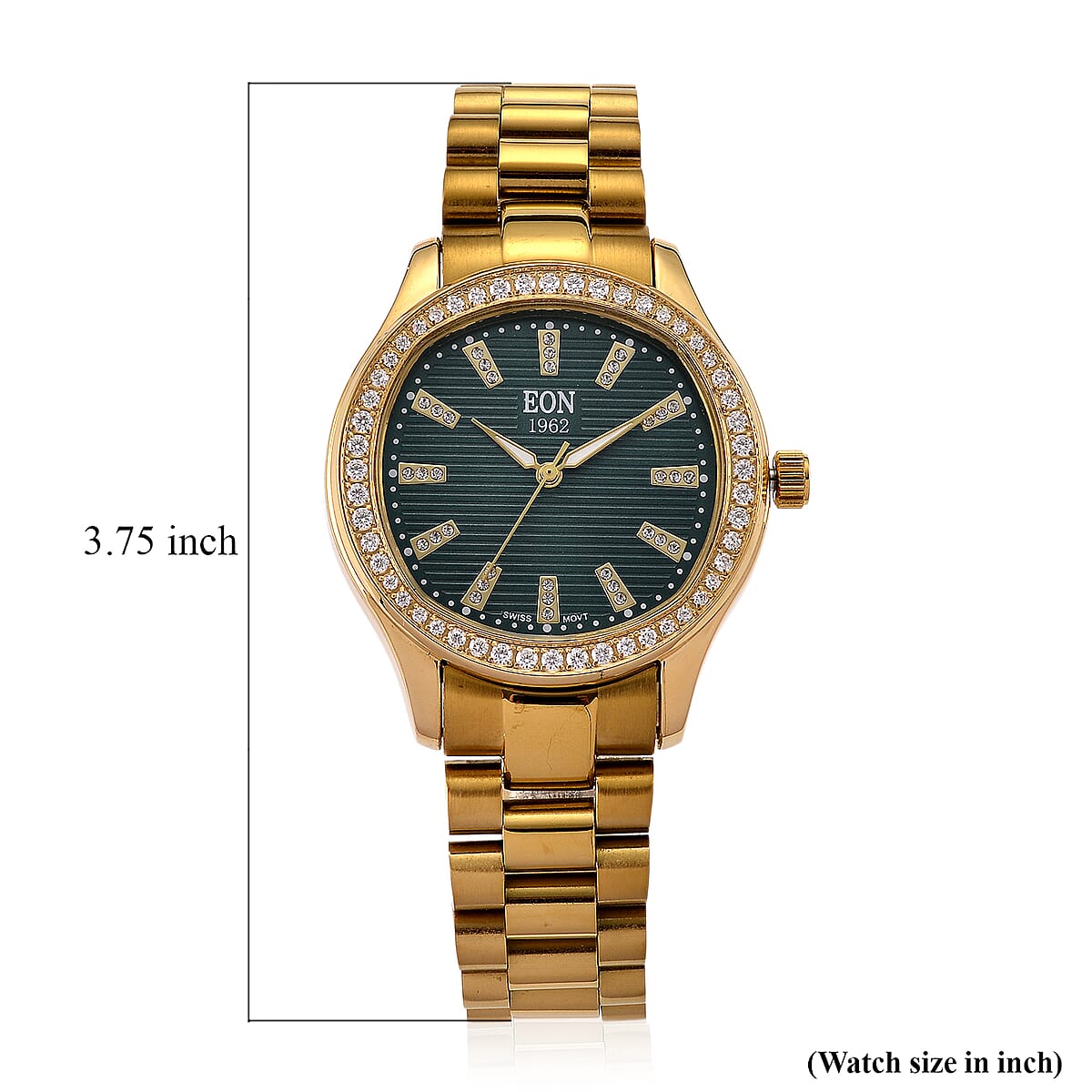 EON 1962 Moissanite Ronda 763 with Date Swiss Movement Green Dail Watch with ION Plated YG Stainless Steel Strap image number 7