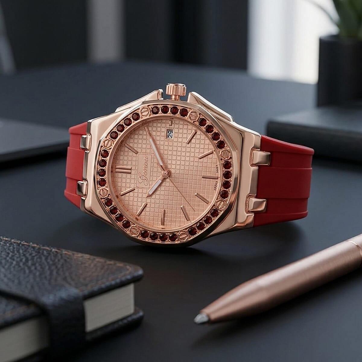 Genoa Red Garnet PC32 with Date Japanese Movement Watch with ION Plated RG Stainless Steel image number 1