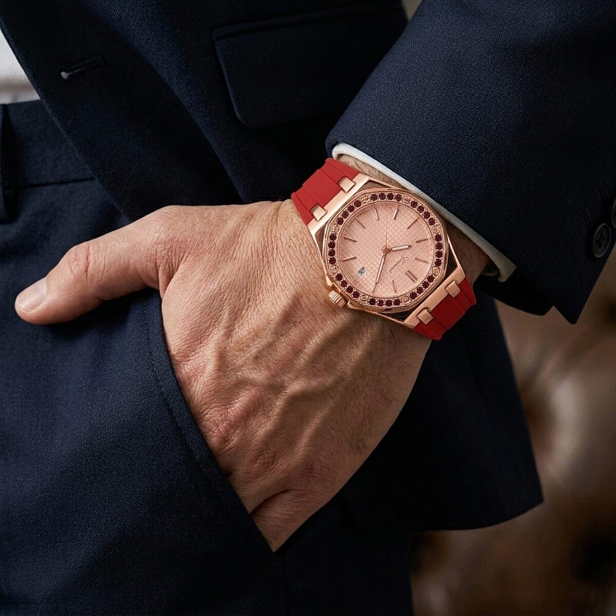 Genoa Red Garnet PC32 with Date Japanese Movement Watch with ION Plated RG Stainless Steel image number 2