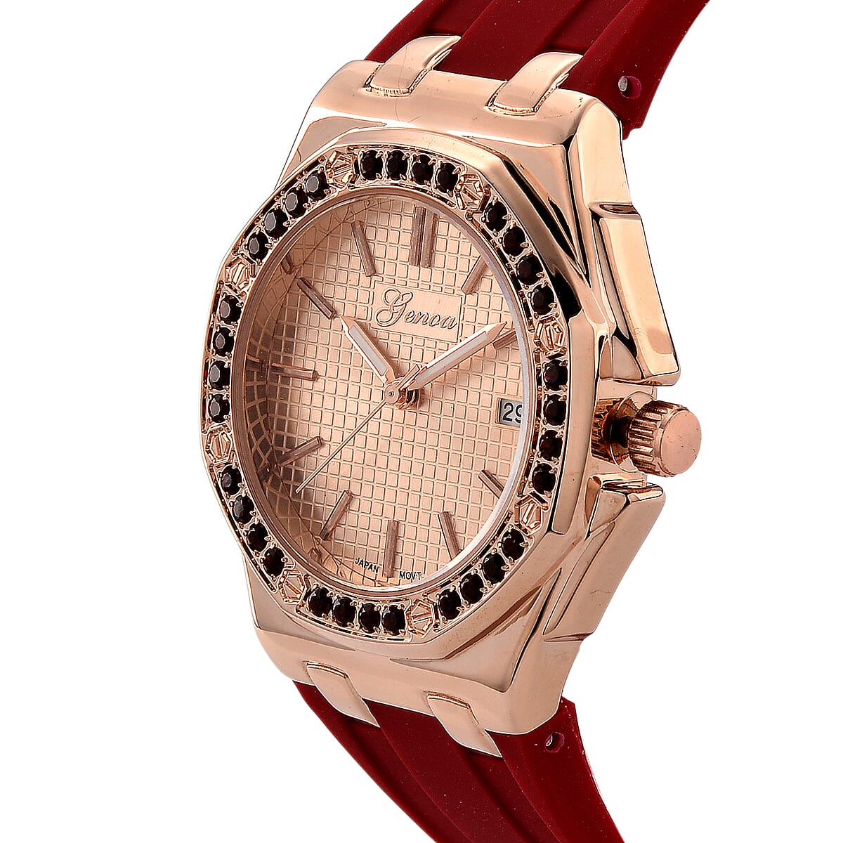 Genoa Red Garnet PC32 with Date Japanese Movement Watch with ION Plated RG Stainless Steel image number 3