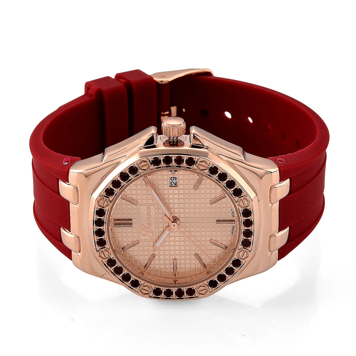 Genoa Red Garnet PC32 with Date Japanese Movement Watch with ION Plated RG Stainless Steel image number 4
