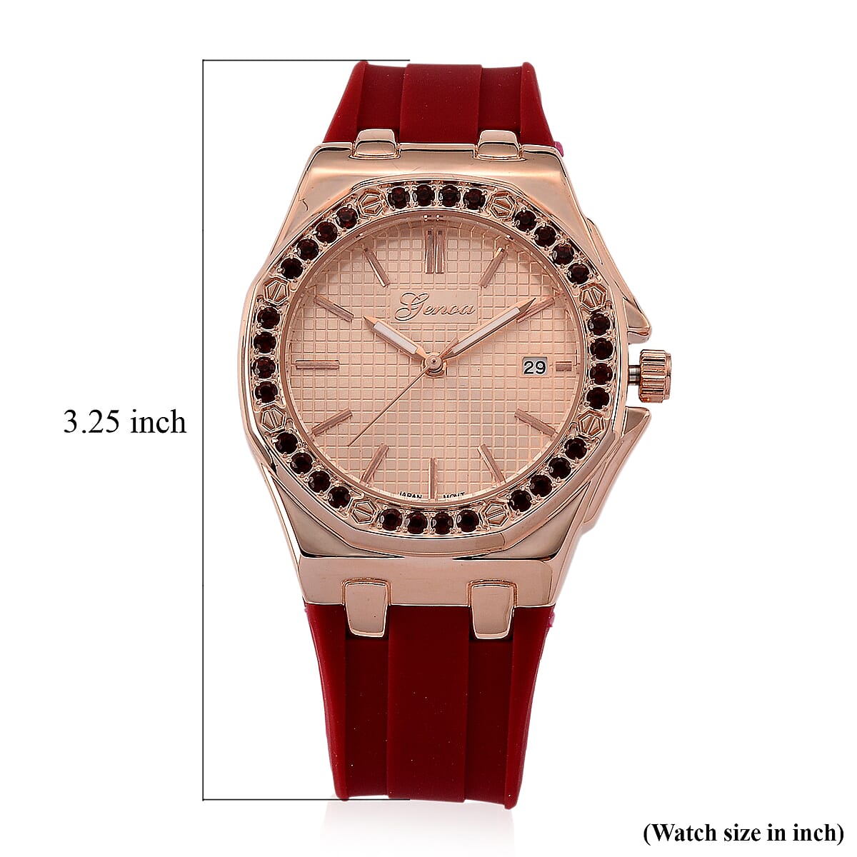 Genoa Red Garnet PC32 with Date Japanese Movement Watch with ION Plated RG Stainless Steel image number 7