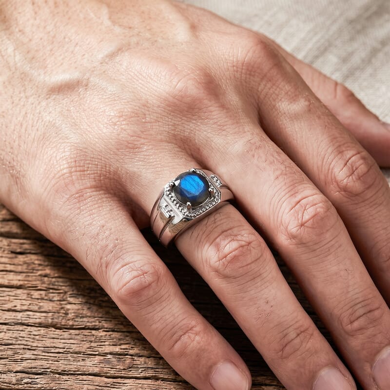 EverTrue Malagasy Labradorite 1.85 ctw Men's Ring in Stainless Steel (Size 10.0)
