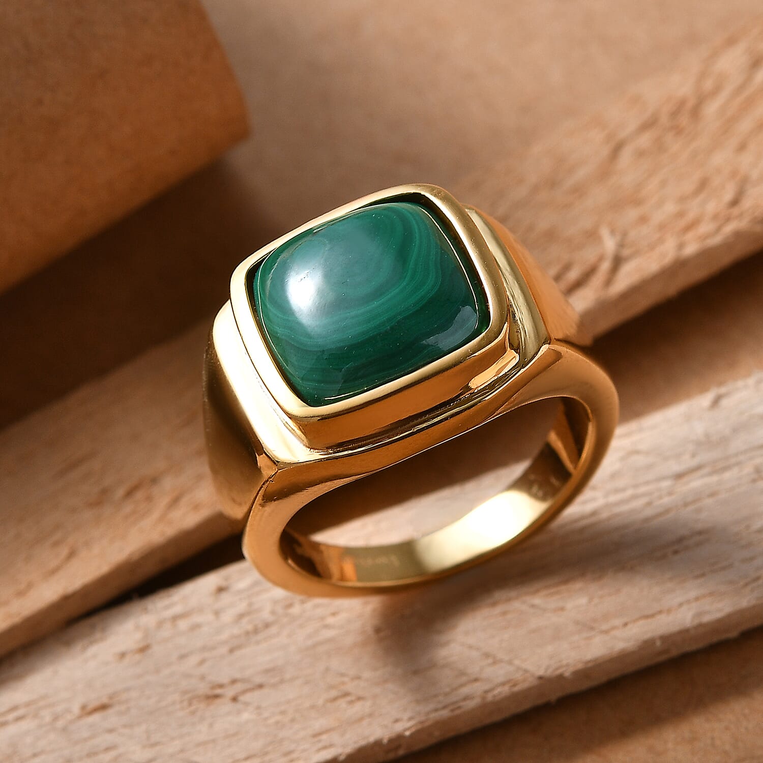 EverTrue African Malachite 10.50 ctw Men's Ring in ION Plated YG Stainless Steel (Size 13.0)