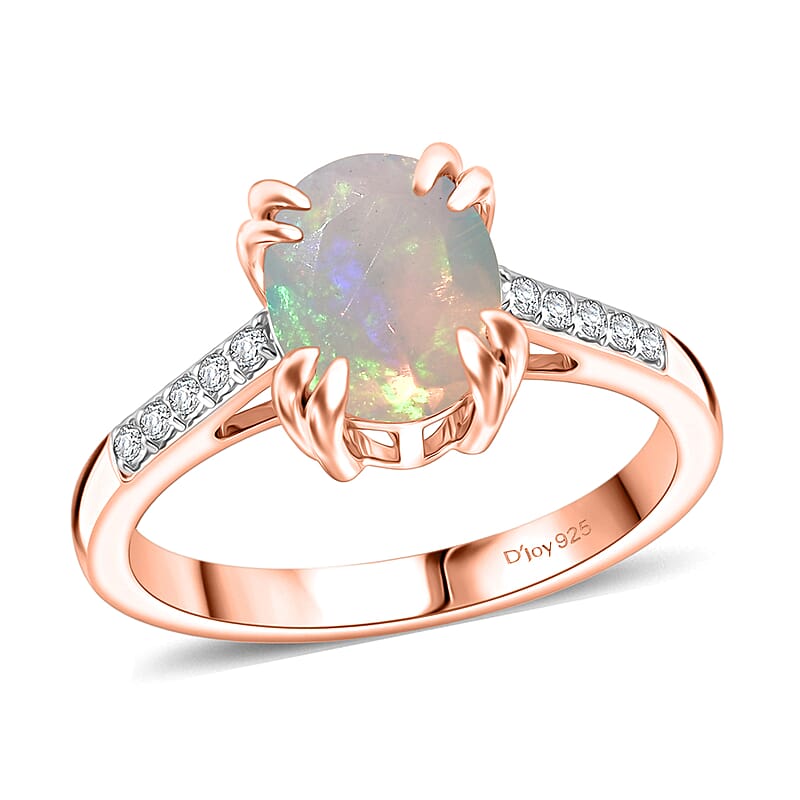 D'Joy Premium Ethiopian Welo Opal and White Zircon 1.60 ctw Ring in 18K Vermeil Rose Gold Over Sterling Silver (Size 10)