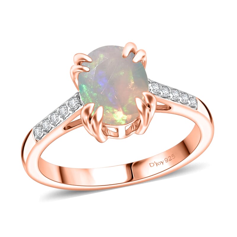 D'Joy Premium Ethiopian Welo Opal and White Zircon 1.60 ctw Ring in 18K Vermeil Rose Gold Over Sterling Silver (Size 12.0)
