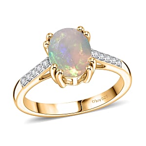 D'Joy Premium Ethiopian Welo Opal and White Zircon Ring in 18K Vermeil Yellow Gold Over Sterling Silver (Size 6.5) 1.60 ctw