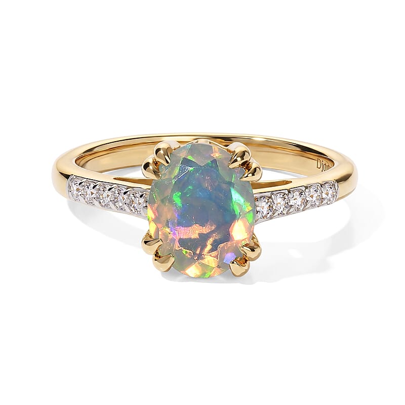 D'Joy Premium Ethiopian Welo Opal and White Zircon 1.60 ctw Ring in 18K Vermeil Yellow Gold Over Sterling Silver (Size 6.5)