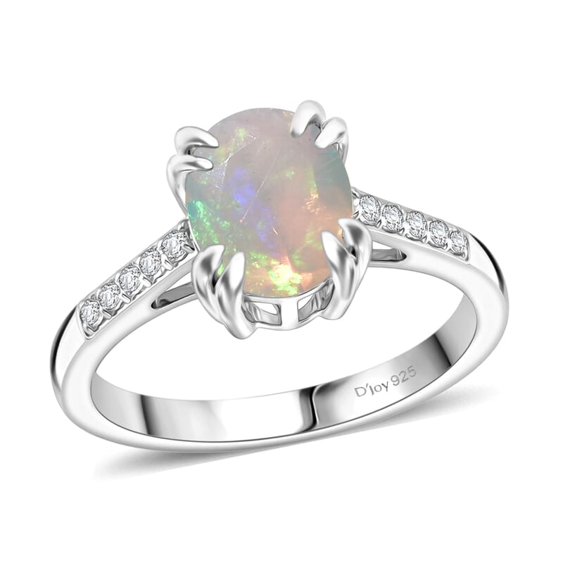 D'Joy Premium Ethiopian Welo Opal and White Zircon 1.60 ctw Ring in Rhodium Over Sterling Silver (Size 10.0)