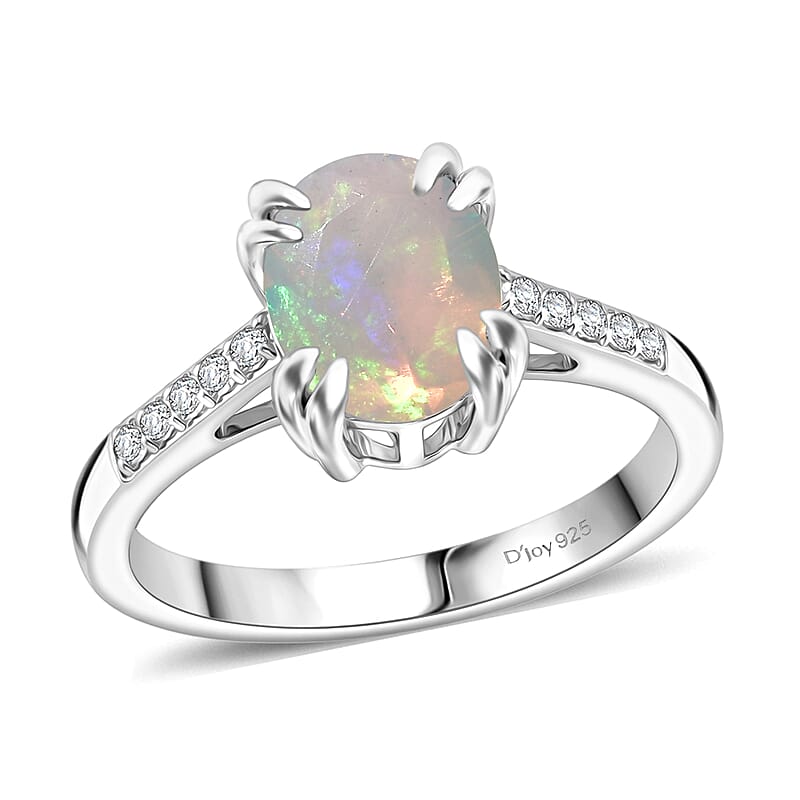 D'Joy Premium Ethiopian Welo Opal and White Zircon 1.60 ctw Ring in Rhodium Over Sterling Silver (Size 6.0)