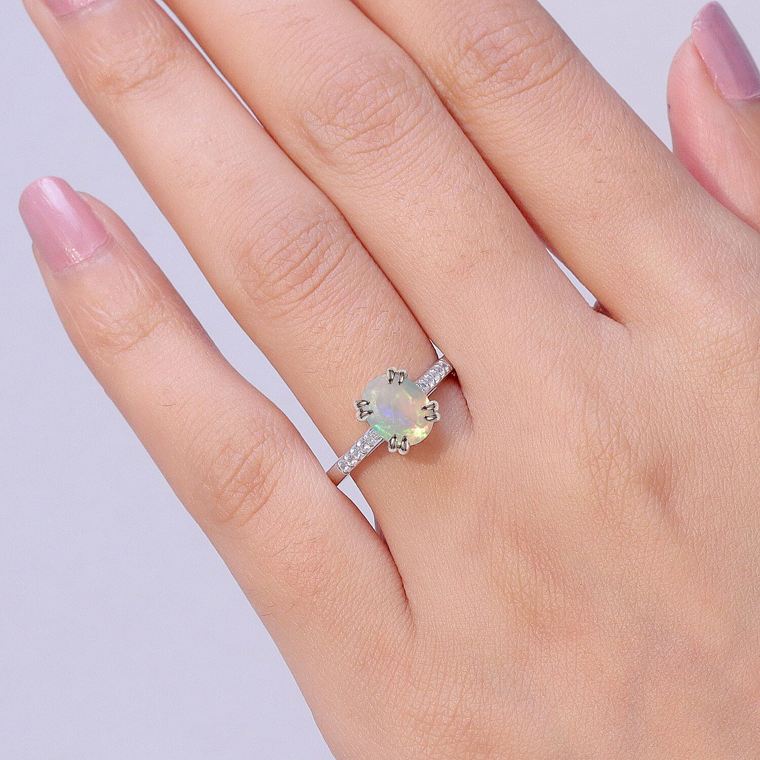 D'Joy Premium Ethiopian Welo Opal and White Zircon 1.60 ctw Ring in Rhodium Over Sterling Silver (Size 6.0)