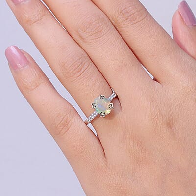 D'Joy Premium Ethiopian Welo Opal and White Zircon 1.60 ctw Ring in Rhodium Over Sterling Silver (Size 6.0)