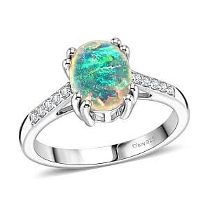 D'Joy Premium Ethiopian Welo Opal and White Zircon 1.15 ctw Ring in Rhodium Over Sterling Silver (Size 7.0)