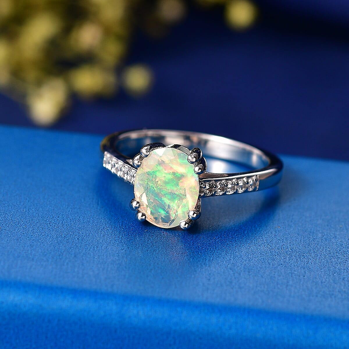 D'Joy Premium Ethiopian Welo Opal and White Zircon 1.15 ctw Ring in Rhodium Over Sterling Silver (Size 7.0) image number 1