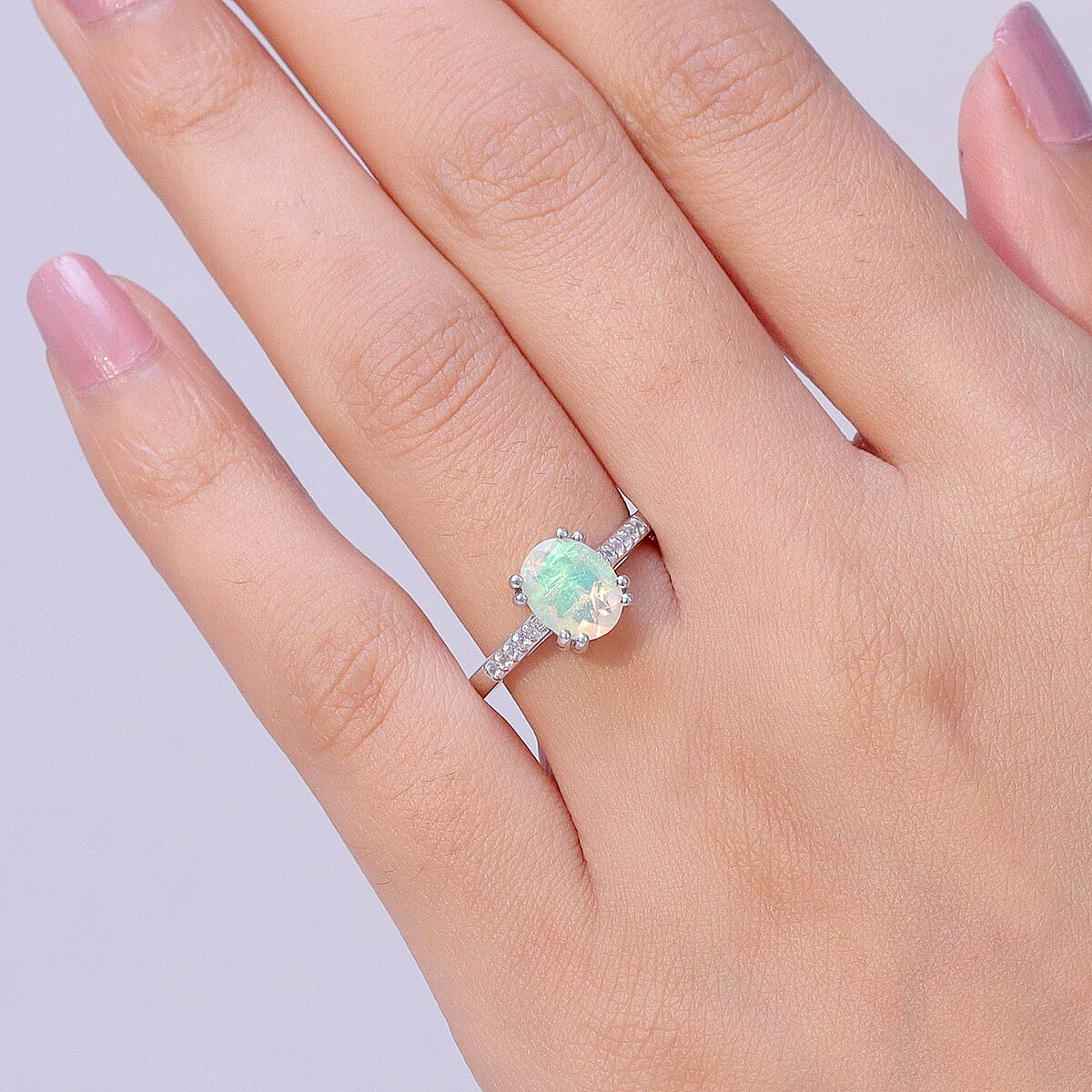 D'Joy Premium Ethiopian Welo Opal and White Zircon 1.15 ctw Ring in Rhodium Over Sterling Silver (Size 7.0) image number 2