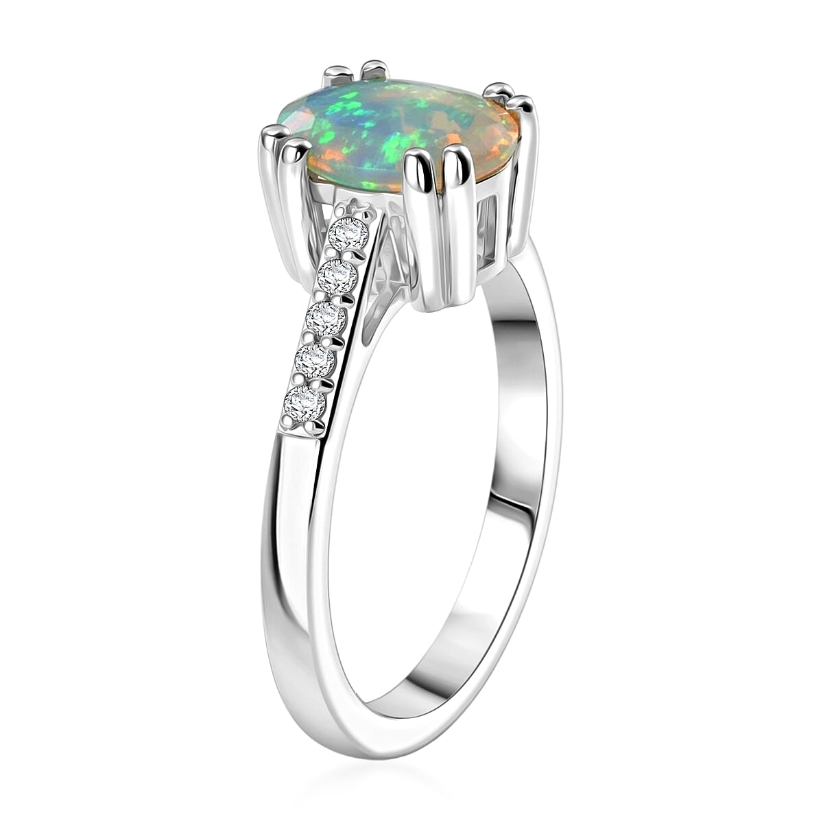 D'Joy Premium Ethiopian Welo Opal and White Zircon 1.15 ctw Ring in Rhodium Over Sterling Silver (Size 7.0) image number 3