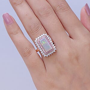 D'Joy AAA Ethiopian Welo Opal and Multi Gemstone 4.00 ctw Antique Mirror Ring in 18K Vermeil Rose Gold Over Sterling Silver (Size 6.0)