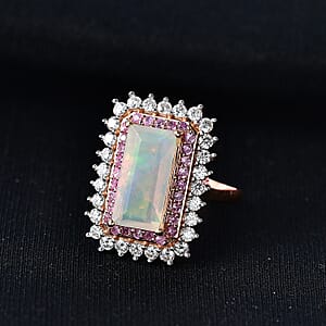 D'Joy AAA Ethiopian Welo Opal and Multi Gemstone 4.00 ctw Antique Mirror Ring in 18K Vermeil Rose Gold Over Sterling Silver (Size 8.0)