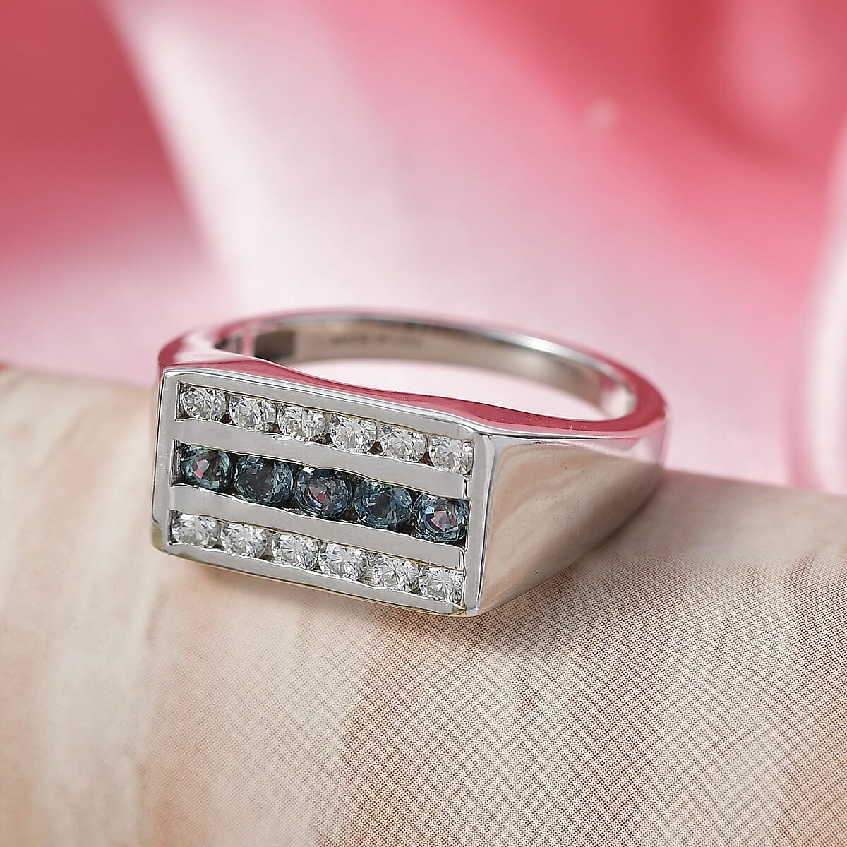 D'Joy Montana Sapphire and Moissanite 1.40 ctw Men's Ring in Rhodium Over Sterling Silver (Size 10.0) (Del. in 8-10 Days) image number 1