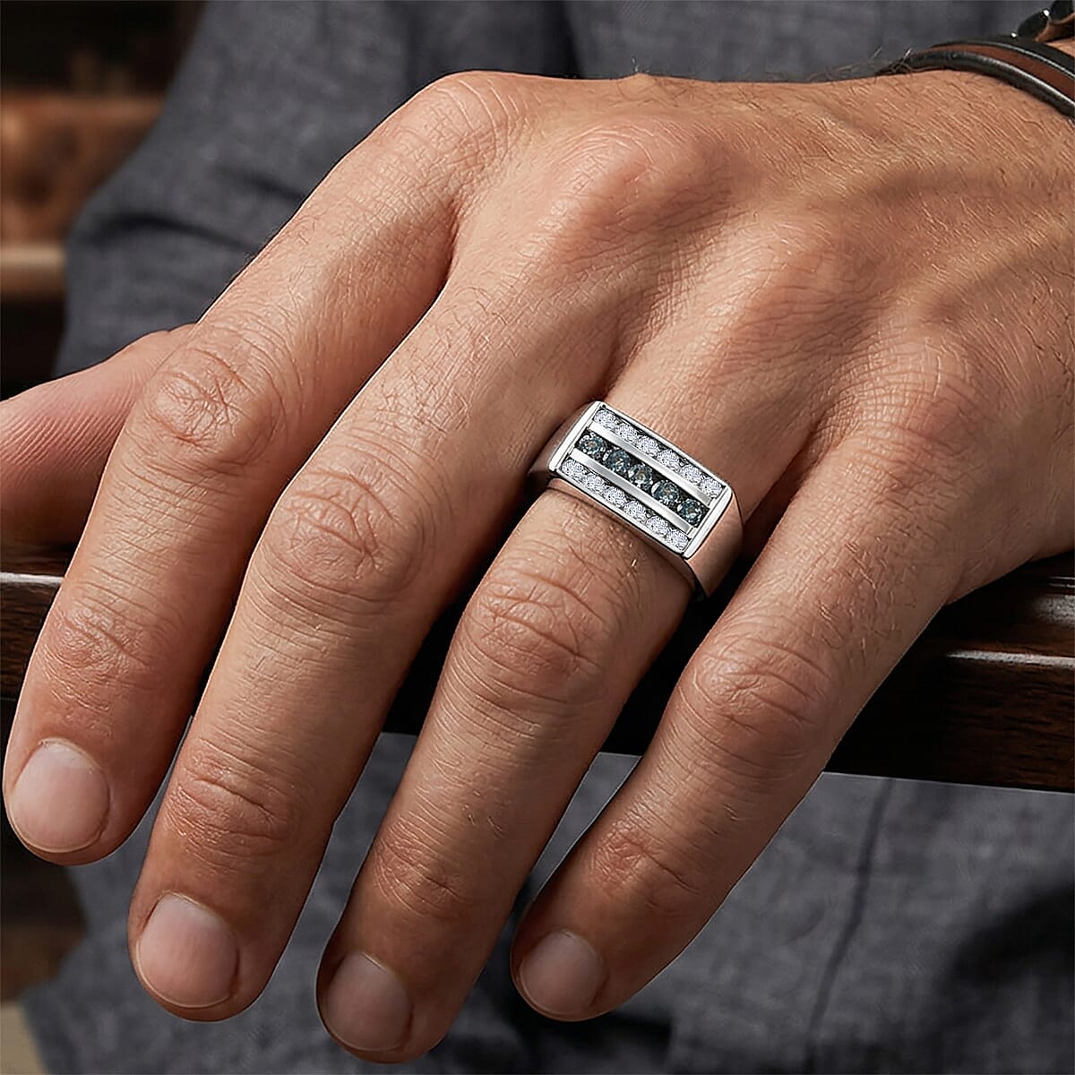 D'Joy Montana Sapphire and Moissanite 1.40 ctw Men's Ring in Rhodium Over Sterling Silver (Size 10.0) (Del. in 8-10 Days) image number 2