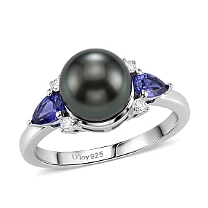 D'Joy Premium Tahitian Pearl and Multi Gemstone 0.50 ctw Twilight Ocean Mist Ring in Rhodium Over Sterling Silver (Size 10.0)