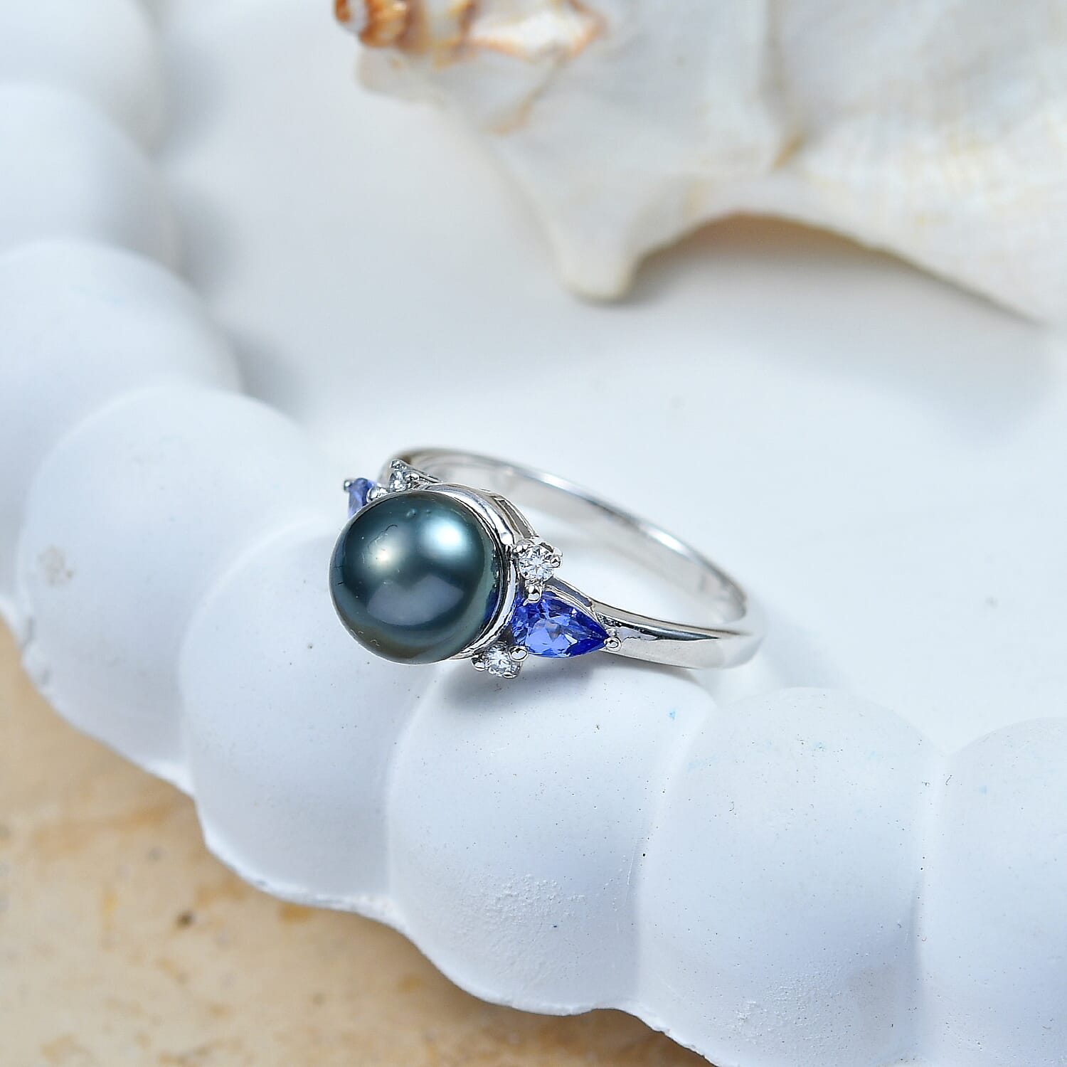 D'Joy Premium Tahitian Pearl and Multi Gemstone 0.50 ctw Twilight Ocean Mist Ring in Rhodium Over Sterling Silver (Size 10.0)