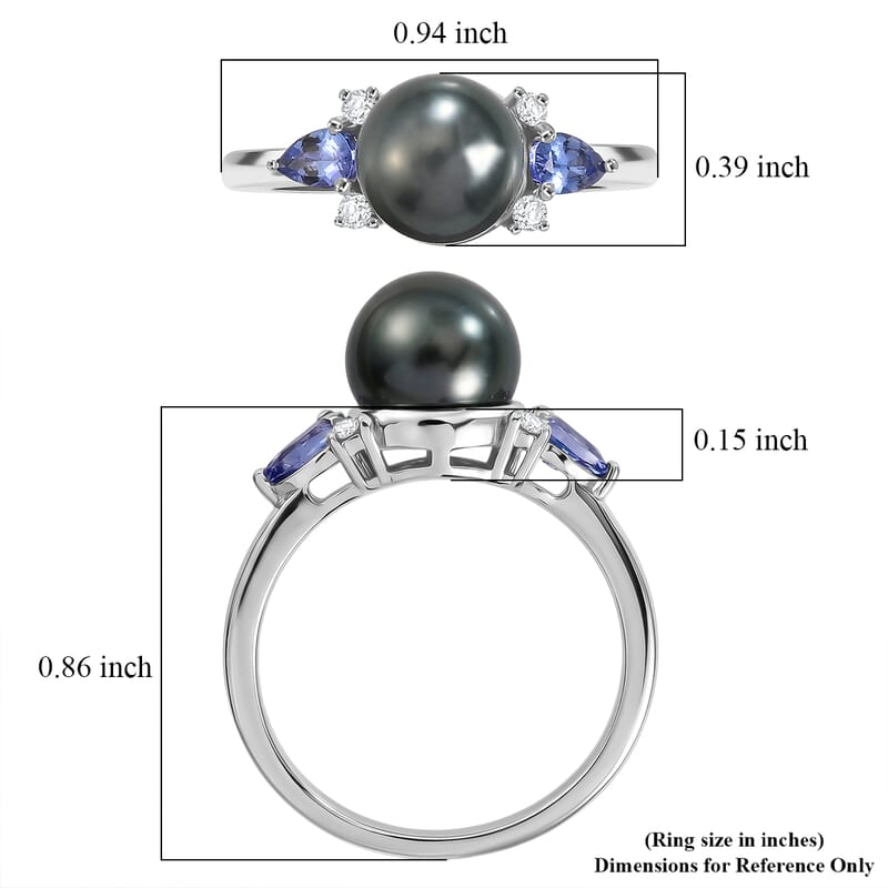D'Joy Premium Tahitian Pearl and Multi Gemstone 0.50 ctw Twilight Ocean Mist Ring in Rhodium Over Sterling Silver (Size 10.0)