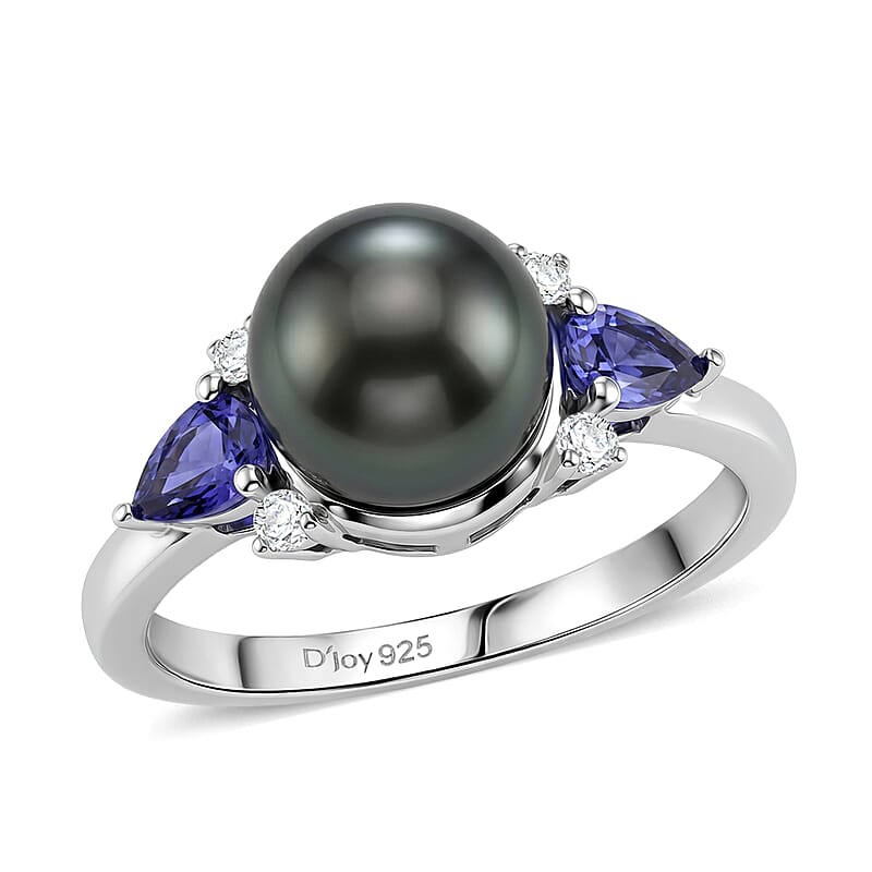D'Joy Premium Tahitian Pearl and Multi Gemstone 0.50 ctw Twilight Ocean Mist Ring in Rhodium Over Sterling Silver (Size 6.0)