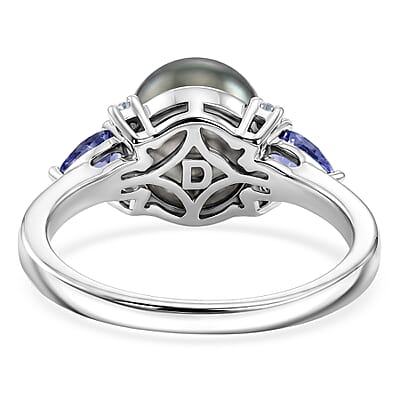 D'Joy Premium Tahitian Pearl and Multi Gemstone 0.50 ctw Twilight Ocean Mist Ring in Rhodium Over Sterling Silver (Size 6.0)