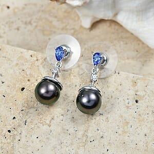 D'Joy Premium Tahitian Pearl and Multi Gemstone 0.50 ctw Twilight Ocean Mist Earrings in Rhodium Over Sterling Silver