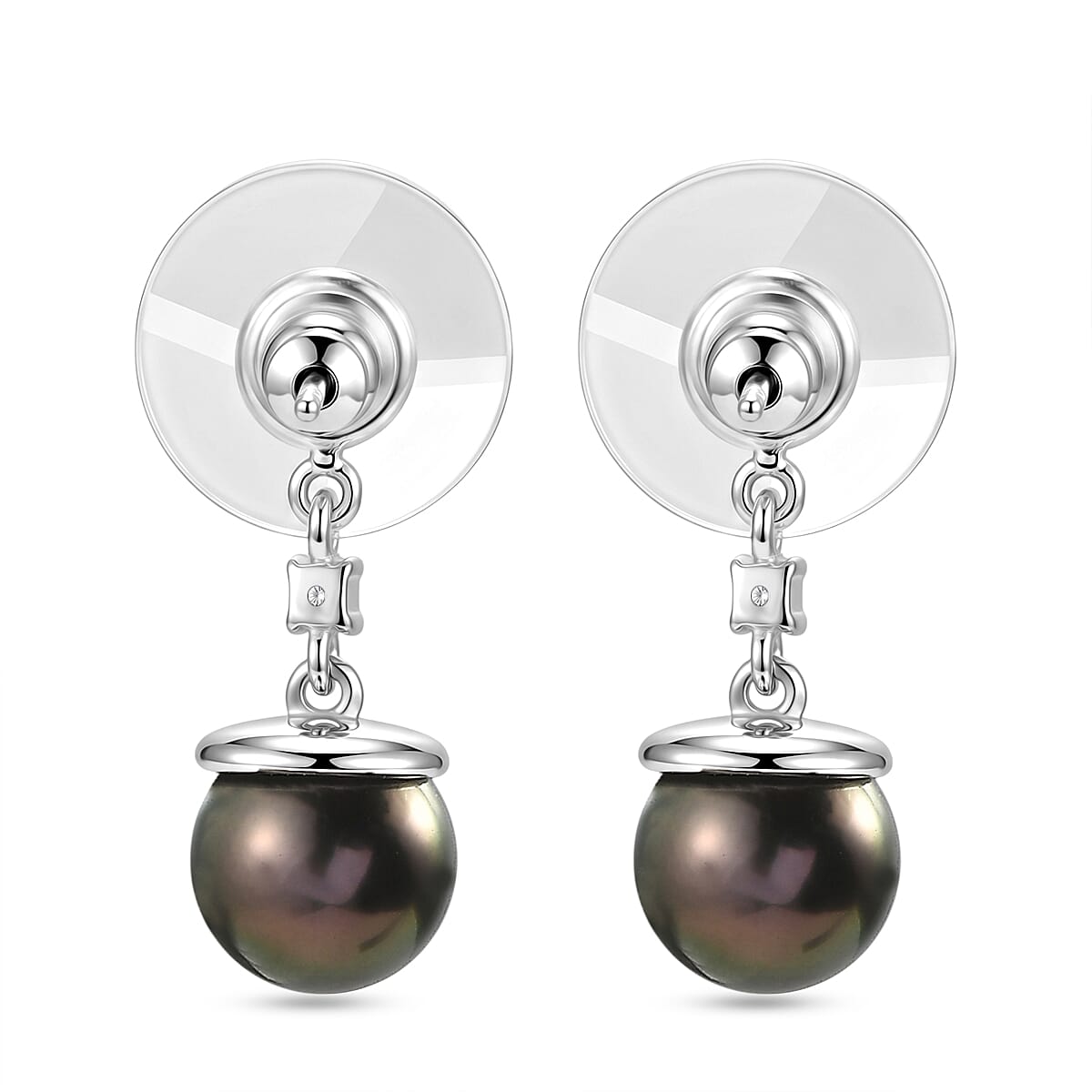 D'Joy Premium Tahitian Pearl and Multi Gemstone 0.50 ctw Twilight Ocean Mist Earrings in Rhodium Over Sterling Silver