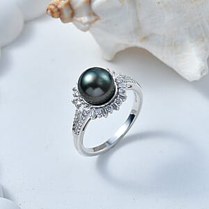 D'Joy Premium Tahitian Pearl and Moissanite 0.50 ctw Sunburst Ring in Rhodium Over Sterling Silver (Size 10.0)