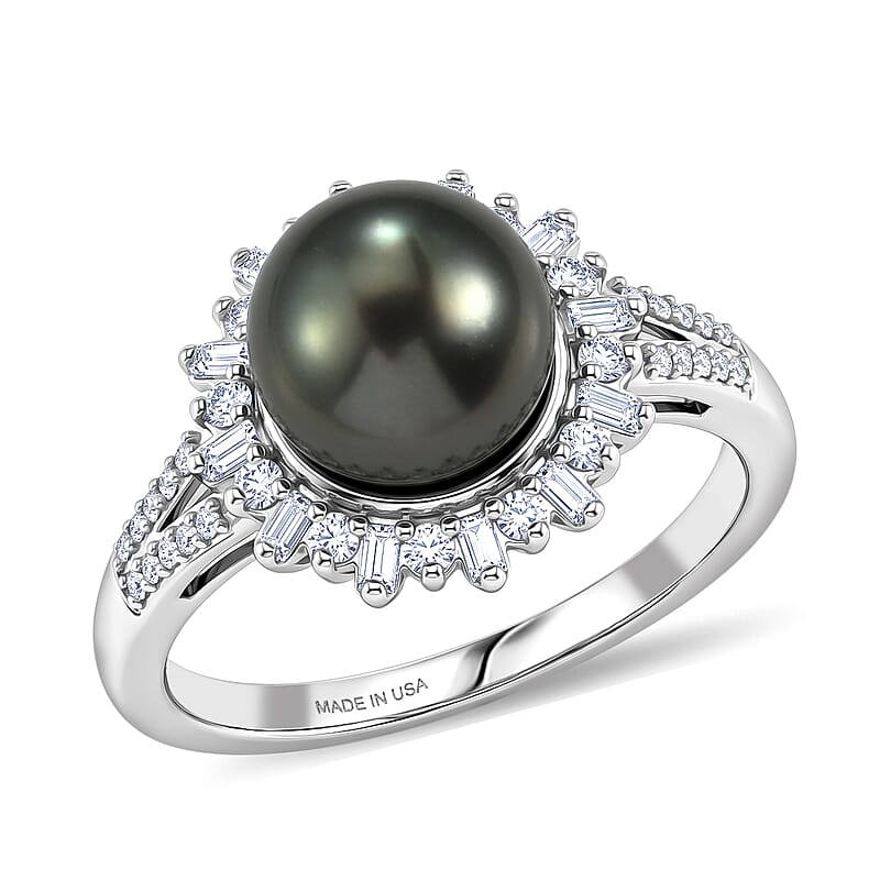 D'Joy Premium Tahitian Pearl and Moissanite 0.50 ctw Sunburst Ring in Rhodium Over Sterling Silver (Size 6.0)