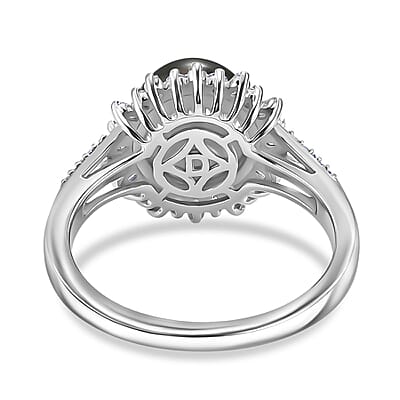 D'Joy Premium Tahitian Pearl and Moissanite 0.50 ctw Sunburst Ring in Rhodium Over Sterling Silver (Size 6.0)